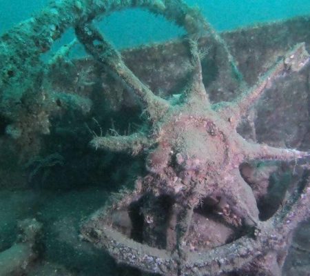 Ships wheel in wreck in Scapa